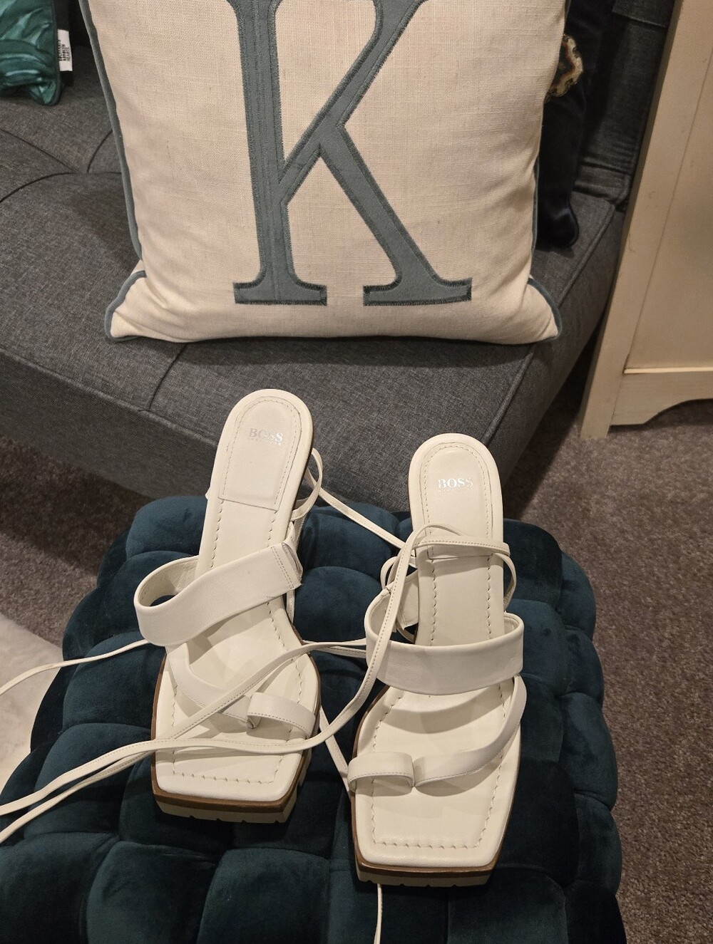 Boss White Strappy Square-Toe Heel Sandals